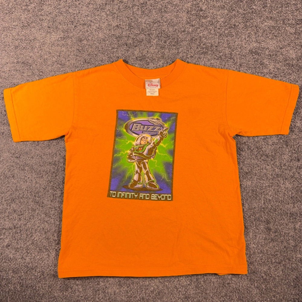 Vintage Disney Store Buzz Lightyear Orange T-Shirt Kids Toy Story Tee Small